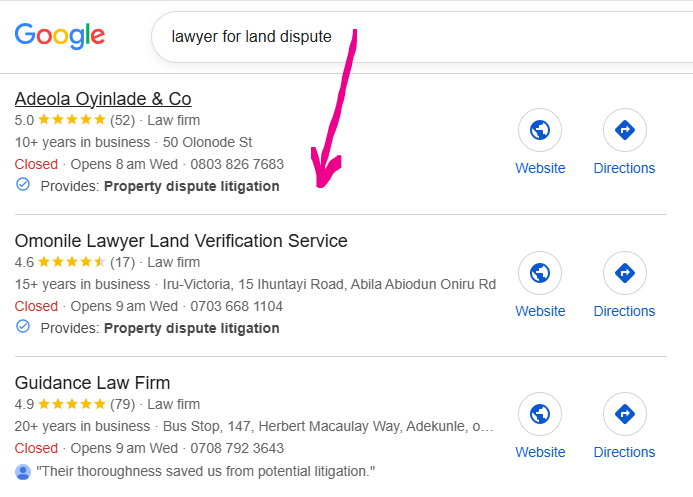 Image showing how law firms appear on Google search for the SEO Agency for Law Firms in Nigeria
